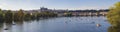 Wide panorama of Charles bridge over Vltava river and Gradchany, Prague Castle and St. Vitus Cathedral. Czech Republic, panoramic Royalty Free Stock Photo