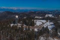 Wide panorama of doppler rain or weather radar on the top of the hill called Pasja Ravan in Slovenia on cold winter day. Beautiful