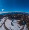 Wide panorama of doppler rain or weather radar on the top of the hill called Pasja Ravan in Slovenia on cold winter day. Beautiful Royalty Free Stock Photo