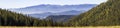 Wide panorama of green mountain hills in sunny clear weather. Carpathian mountains landscape in summer. View of rocky peaks covere