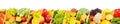 Wide panorama healthy fruits and vegetables separated by vertical lines on white