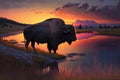 Buffalo during a gorgeous sunset in Yellowstone National Park Royalty Free Stock Photo