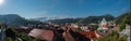 Wide panorama of Lasko city in central slovenia with visible main attractions in early morning sun. Lasko well known for its
