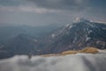 Wide panorama looking from above the hills of Soriska planina, overlooking the Julian Alps. Famous or popular ski touring spot, on