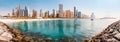 Panorama of the Persian Gulf with sandy beach and Bluewaters Island with the worlds famous largest Ferris wheel Dubai Eye and