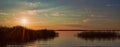 Wide panorama photo with a sunset over the lake Chiemsee in ÃÅbersee Royalty Free Stock Photo