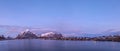 Wide panorama of Reine village wiht it`s red fishing cabins Rorbu in the foreground, Lofoten Islands, Norway Royalty Free Stock Photo