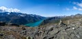 Wide panorama of the tourist trail among the rocks, hills and mountains under the blue sky. Besseggen Ridge in Jotunheimen Royalty Free Stock Photo