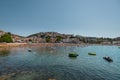 Wide panorama of ulcinj small beach and beachfront, houses in th