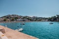 Wide panorama of ulcinj small beach and beachfront, houses in th