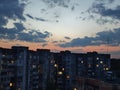 Wide panorama view of residential high-rise buildings in the evening at sunset Royalty Free Stock Photo