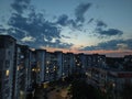 Wide panorama view of residential high-rise buildings in the evening at sunset Royalty Free Stock Photo