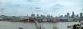 Wide panoramic aerial view of the city of london with historic landmarks and building in the business district with bridge Royalty Free Stock Photo