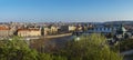Wide panoramic aerial view of Prague Old Town architecture roof top and Charles Bridge over Vltava river seen from Letna Royalty Free Stock Photo