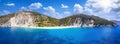 Wide panoramic aerial view to Myrtos beach and the coast of Kefalonia, Greece Royalty Free Stock Photo