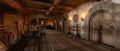 Wide panoramic 3d rendering of upstairs room in medieval fantasy inn Royalty Free Stock Photo
