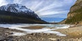 Wide Panoramic Landscape of Frozen Moraine Lake and Mount Temple.  Banff National Park, Canadian Rockies Royalty Free Stock Photo