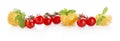 Wide panoramic long horizontal view of tomatoes,pasta and basil on white Royalty Free Stock Photo