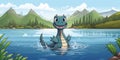 Wide panoramic shot of a funny cartoon Loch Ness monster (also known as Nessie) splashing in the water