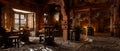 Wide panoramic view of the bar area in a fantasy medieval tavern with open fire in the background. 3D rendering Royalty Free Stock Photo