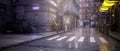 Wide panoramic view of a dark moody empty city centre street at night. Noir concept 3d rendering Royalty Free Stock Photo