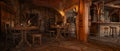 Wide panoramic view of fantasy medieval tavern inn interior. 3D rendering Royalty Free Stock Photo