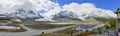 Wide panoramic view of the glacier along the Icefields Parkway between Banff and Jasper in the Canadian Rockies