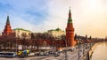 Wide view at Kremlins surrounding red walls with Borovitskaya and Vodovzvodnaya Towers, Moscow Royalty Free Stock Photo