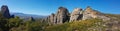 Wide panoramic view of the Meteora rock monasteries in Greece Royalty Free Stock Photo