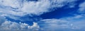 Wide panoramic view of romantic navy blue sky with white grey clouds. High resolution artistic skyline background image. Sky panor