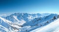 Wide panoramic view of a snow-covered mountain range with clear skies and deep valleys. Royalty Free Stock Photo