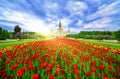 Wide panoramic view of spring campus of famous Russian university in Moscow under dramatic sky with sun beams Royalty Free Stock Photo