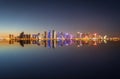 Wide panoramic view to the illuminated skyline of Doha in Qatar