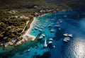 wide paradise Aerial docked photo boats sail bay Greece drone island Kefalonia Fiskardo ultra Ionian Water Beach Summer Travel