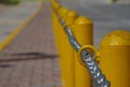 Chain along a yellow post line on a street Royalty Free Stock Photo