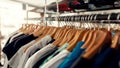 Wide range. Close up of clothes rack or rail in the store. Items at custom T-shirt, clothing printing company Royalty Free Stock Photo