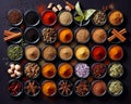 Wide range of spices and seeds in the cups set in rows. Flat lay on black backdrop. Top view. Generative AI Royalty Free Stock Photo