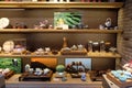 Wide range of traditional Chinese tea on wooden shelves at tea shop in Shanghai