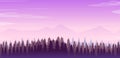 Wide realistic illustration of mountain landscape with forest and trees. Purple night sky