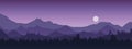 Wide realistic illustration of mountain landscape with forest and trees. Purple night sky with moon or sun, vector