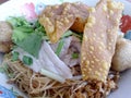 Wide rice noodle soup with vegetables and meat, egg Royalty Free Stock Photo