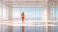 Wide Room with reflecting white floor and powerful Morning light with a woman standing up from behind - AI generated