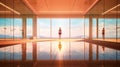 Wide Room with reflecting wooden floor and powerful Golden light with a woman silhouette standing up - AI generated