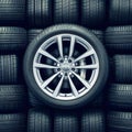 Wide rubber wheel from auto, background of used tires photo Royalty Free Stock Photo