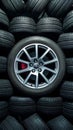 Wide rubber wheel from auto, background of used tires photo Royalty Free Stock Photo