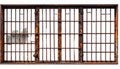 Rusted Metal Prison Window with Broken Panes and Bars on White Background image photo Royalty Free Stock Photo