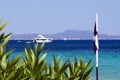 Wide sandy beach on the island of Mallorca in the early morning. Beautiful views of the sea, sky and hotels of the resort of Palma