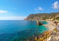 The wide sandy beach and large rock of Monterosso al Mare, Cinque Terre, Italy Royalty Free Stock Photo