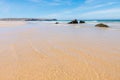 Wide sandy beach with shallow water from incoming waves, coastal landscape Portugal Royalty Free Stock Photo