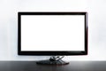 wide screen TV on wooden commode near grey wall Royalty Free Stock Photo